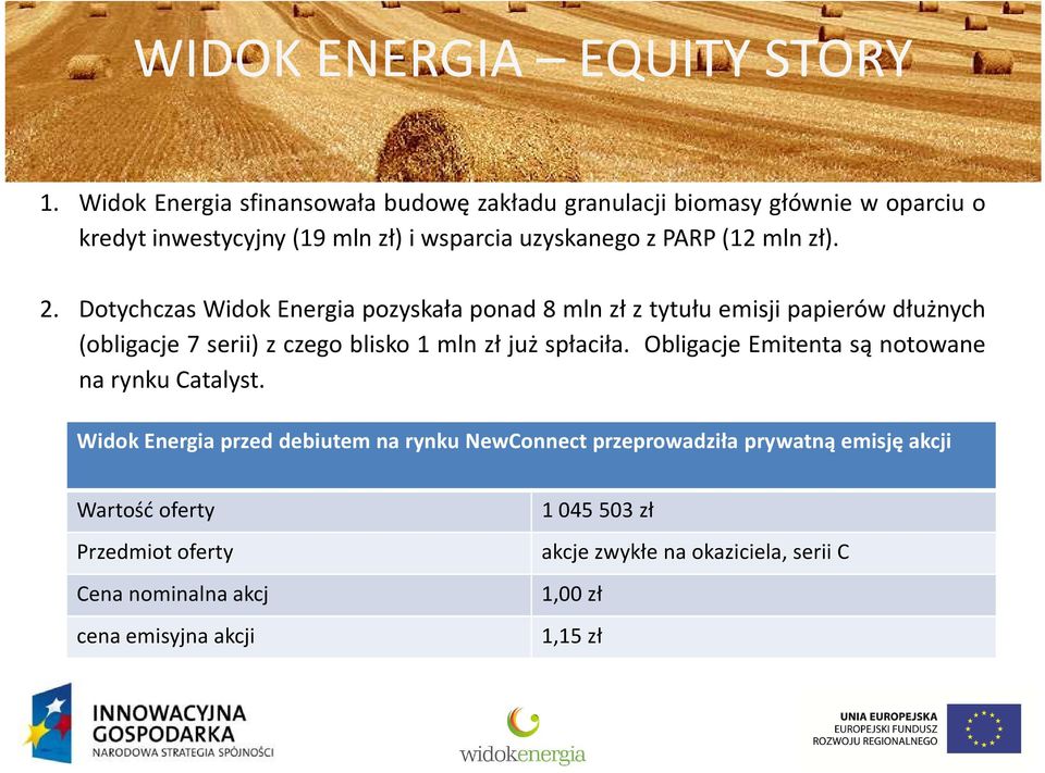 zł). 2. Dotychczas Widok Energia pozyskała ponad 8 mln zł z tytułu emisji papierów dłużnych (obligacje 7 serii) z czego blisko 1 mln zł już spłaciła.