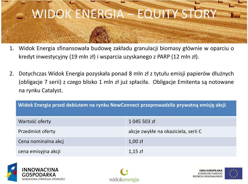 zł). 2. Dotychczas Widok Energia pozyskała ponad 8 mln zł z tytułu emisji papierów dłużnych (obligacje 7 serii) z czego blisko 1 mln zł już spłaciła.