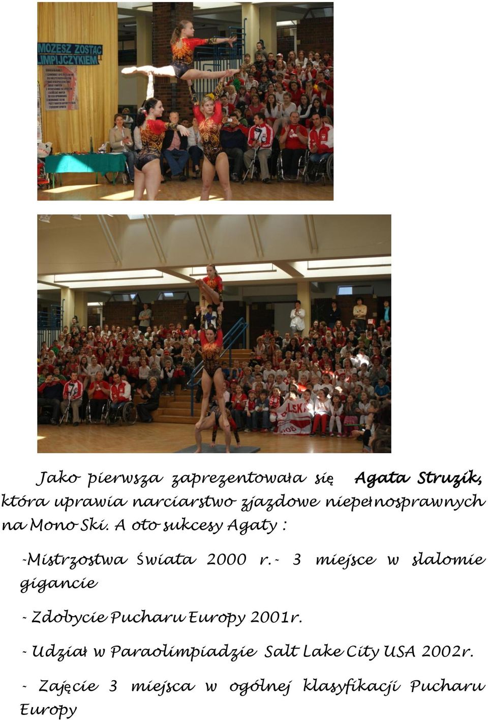 - 3 miejsce w slalomie gigancie - Zdobycie Pucharu Europy 2001r.