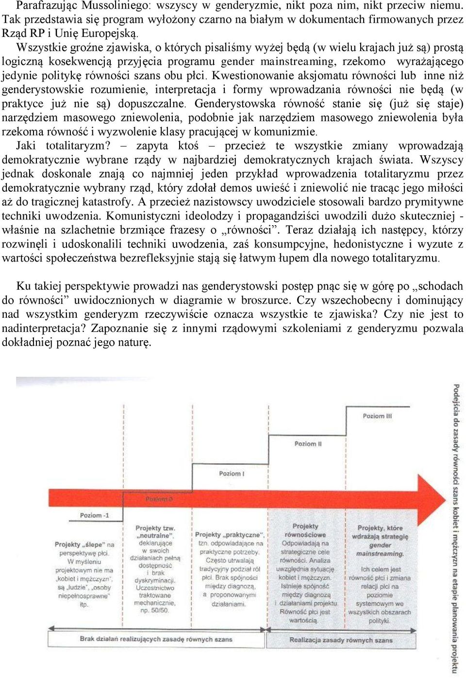 szans obu płci. Kwestionowanie aksjomatu równości lub inne niż genderystowskie rozumienie, interpretacja i formy wprowadzania równości nie będą (w praktyce już nie są) dopuszczalne.