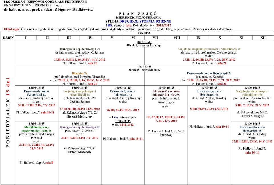 ) Przerwy w układzie dowolnym 8:15-10:30 Wykłady wszystkie grupy P O N I E D Z I A Ł E K 1 5 d n i Andrzej Kozdraj 20.II; 19.III; 2.IV; 7.V. bud.7, sala 10-11 Lucjan Pawlicki 27.II; 12, 26.