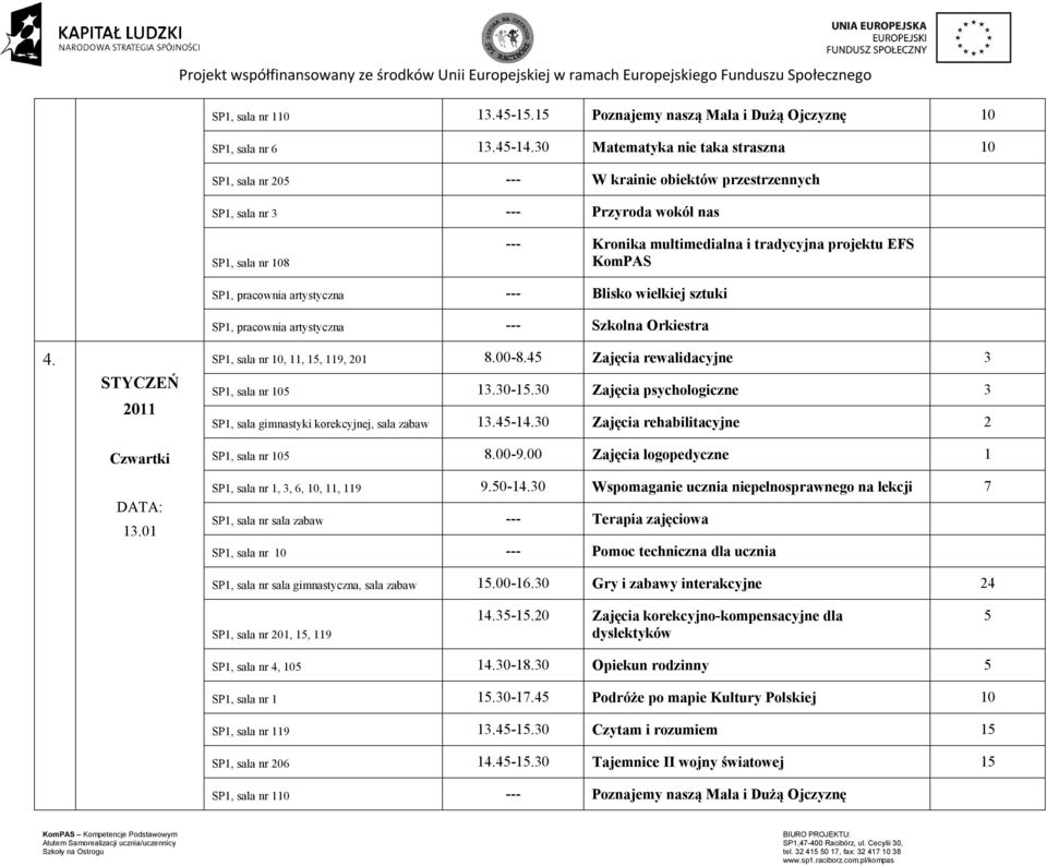 30 Zajęcia psychologiczne 3 SP1, sala gimnastyki korekcyjnej, sala zabaw 13.45-14.30 Zajęcia rehabilitacyjne 2 SP1, sala nr 105 8.00-9.00 Zajęcia logopedyczne 1 SP1, sala nr 1, 3, 6, 10, 11, 119 9.