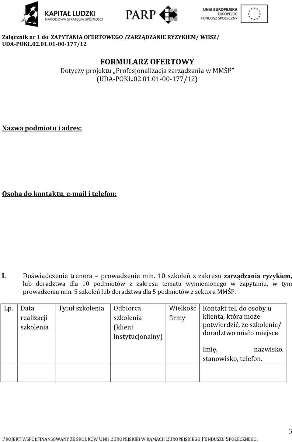 5 szkoleń lub doradztwa dla 5 podmiotów z sektora MMŚP. Lp. Data realizacji szkolenia Tytuł szkolenia Odbiorca szkolenia (klient instytucjonalny) Wielkość firmy Kontakt tel.