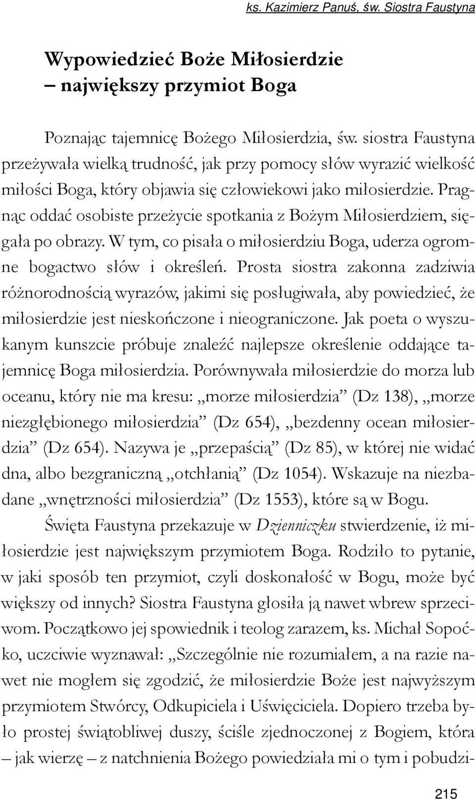 Pragnąc oddać osobiste przeżycie spotkania z Bożym Miłosierdziem, sięgała po obrazy. W tym, co pisała o miłosierdziu Boga, uderza ogromne bogactwo słów i określeń.