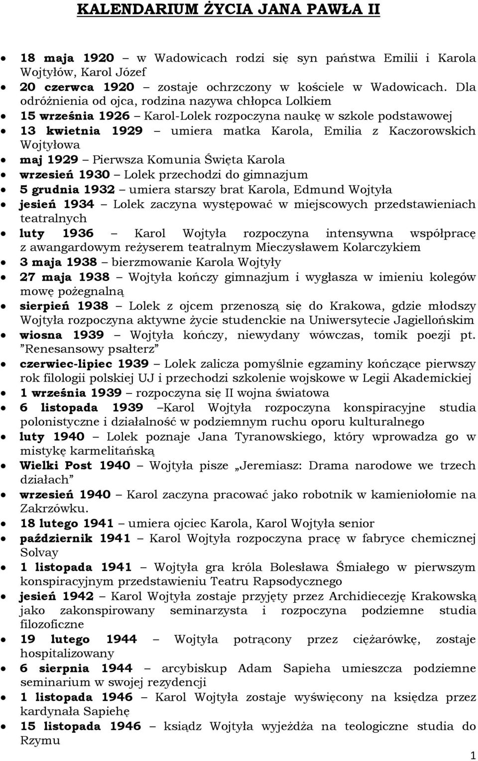 1929 Pierwsza Komunia Święta Karola wrzesień 1930 Lolek przechodzi do gimnazjum 5 grudnia 1932 umiera starszy brat Karola, Edmund Wojtyła jesień 1934 Lolek zaczyna występować w miejscowych