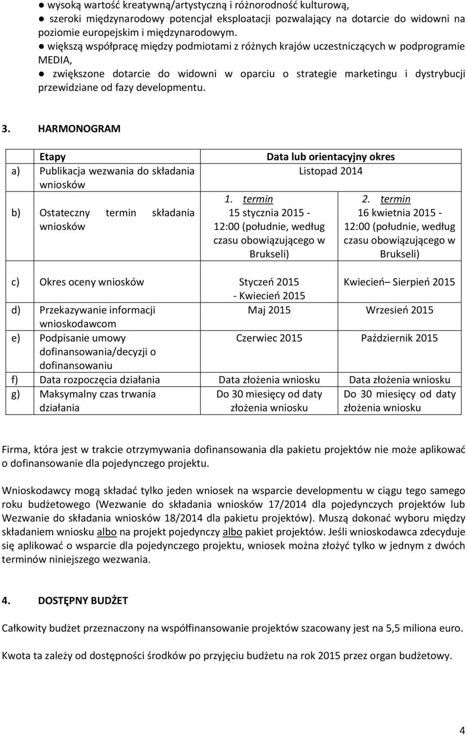 developmentu. 3. HARMONOGRAM Etapy a) Publikacja wezwania do składania wniosków b) Ostateczny termin składania wniosków Data lub orientacyjny okres Listopad 2014 1.