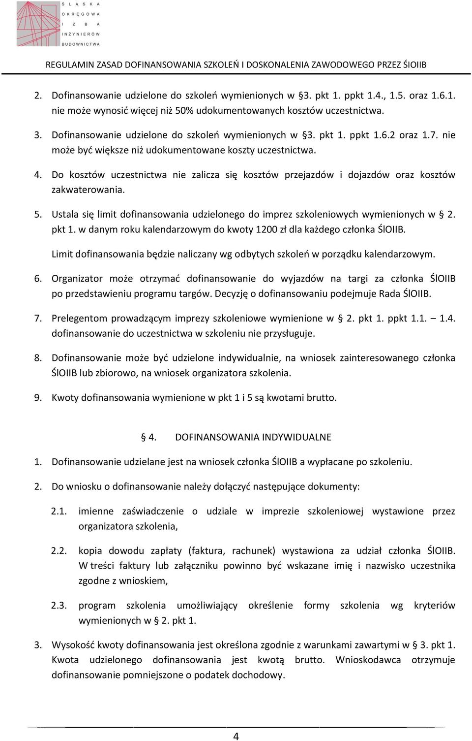 Ustala się limit dofinansowania udzielonego do imprez szkoleniowych wymienionych w 2. pkt 1. w danym roku kalendarzowym do kwoty 1200 zł dla każdego członka ŚlOIIB.