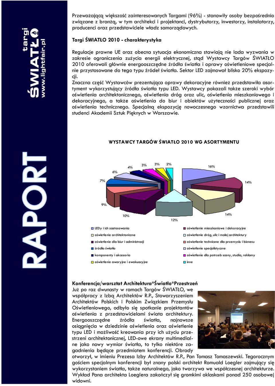 Targi ŚWIATŁO 2010 - charakterystyka Regulacje prawne UE oraz obecna sytuacja ekonomiczna stawiają nie lada wyzwania w zakresie ograniczenia zużycia energii elektrycznej, stąd Wystawcy Targów ŚWIATŁO