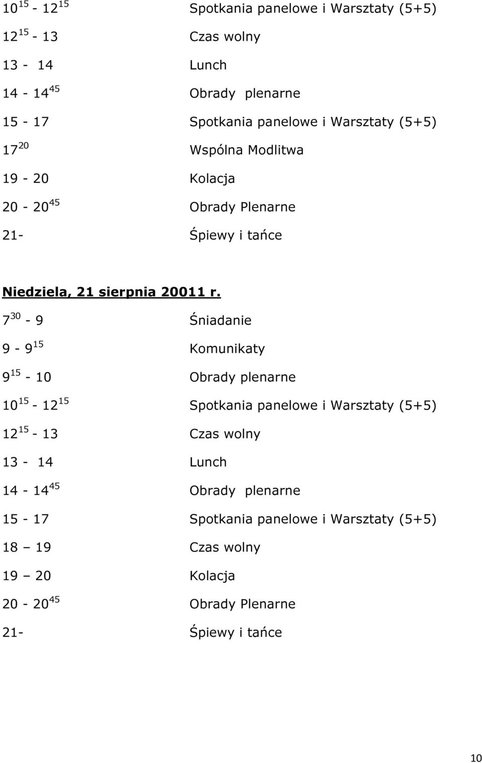 7 30-9 Śniadanie 9-9 15 Komunikaty 9 15-10 Obrady plenarne  Warsztaty (5+5) 18 19 Czas wolny 19 20 Kolacja 20-20 45 Obrady Plenarne 21-