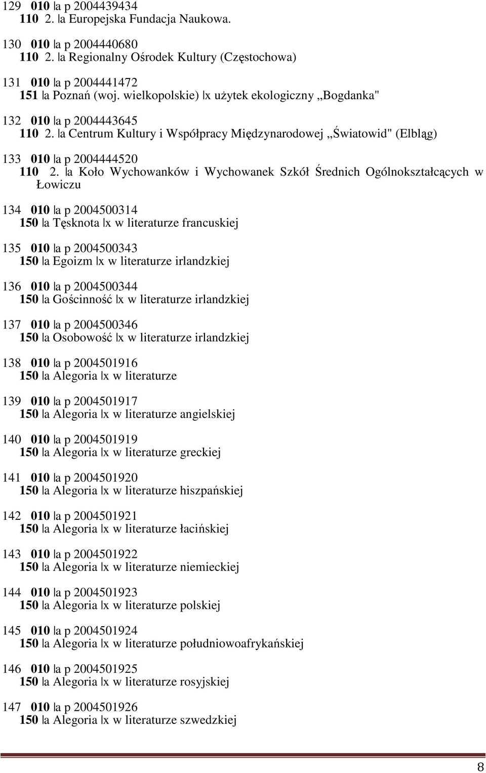 a Koło Wychowanków i Wychowanek Szkół Średnich Ogólnokształcących w Łowiczu 134 010 a p 2004500314 150 a Tęsknota x w literaturze francuskiej 135 010 a p 2004500343 150 a Egoizm x w literaturze