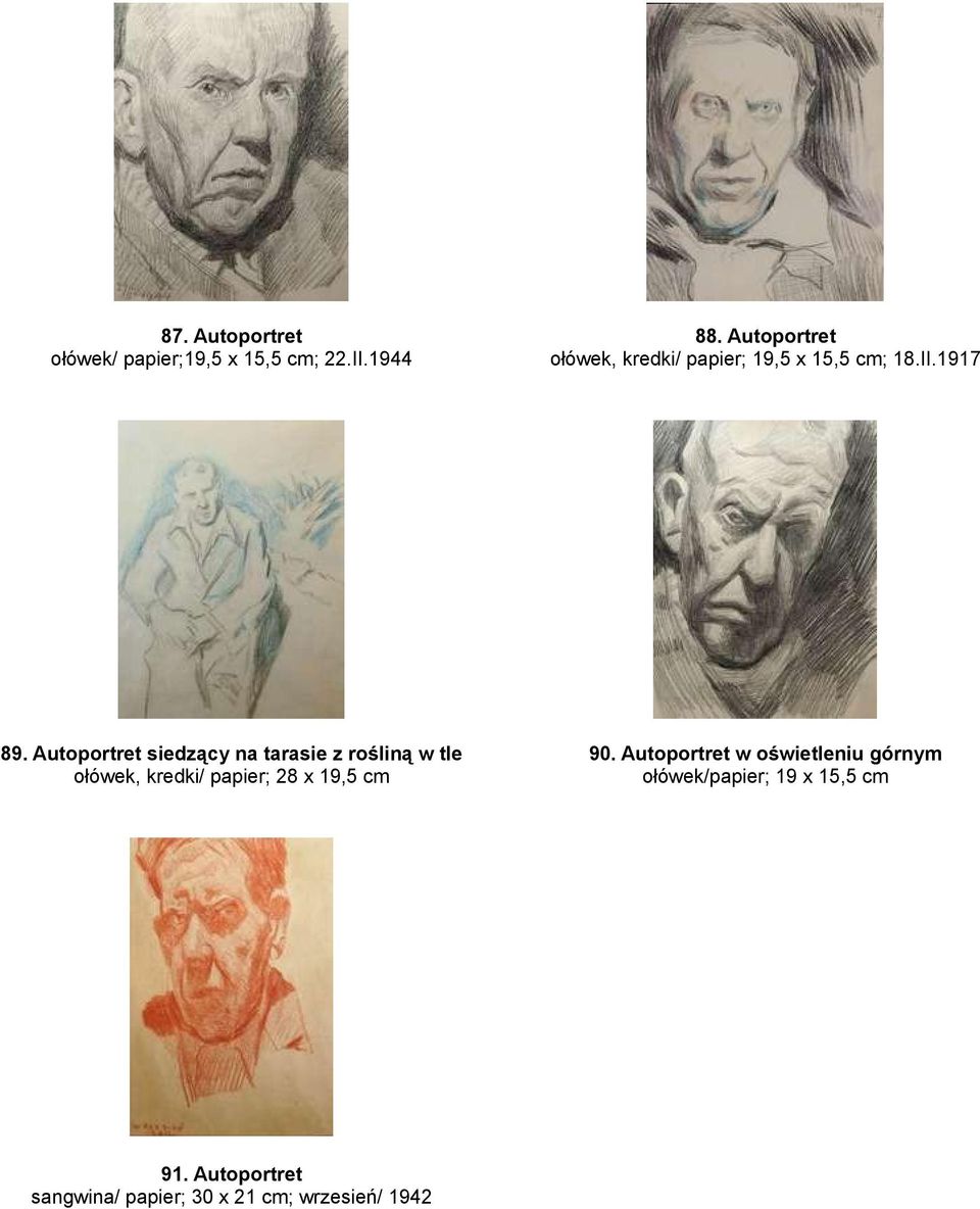 Autoportret siedzący na tarasie z rośliną w tle ołówek, kredki/ papier; 28 x 19,5 cm