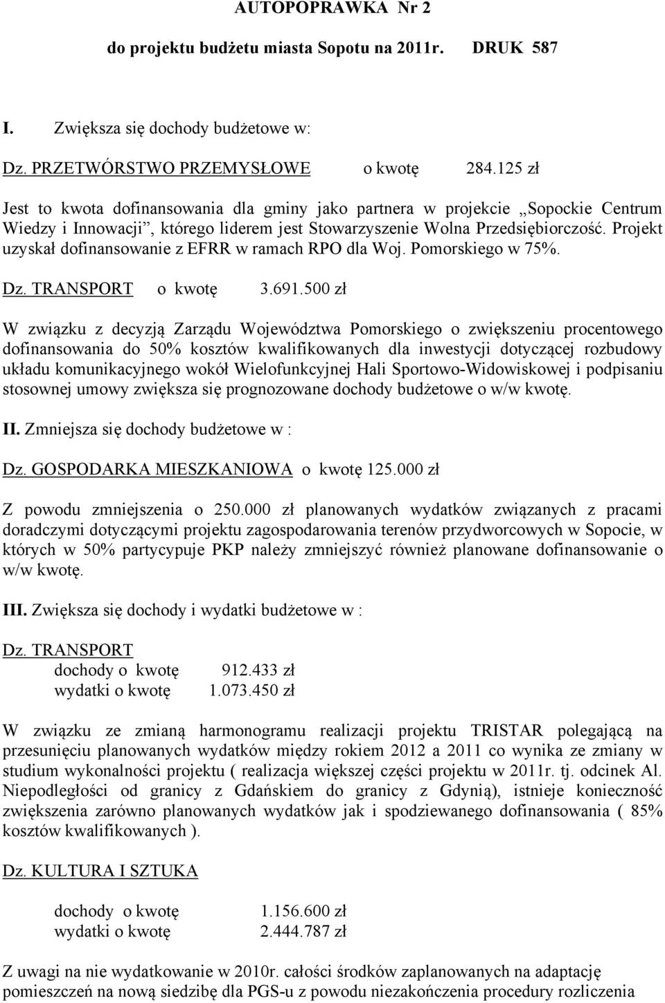 Projekt uzyskał dofinansowanie z EFRR w ramach RPO dla Woj. Pomorskiego w 75%. Dz. TRANSPORT o kwotę 3.691.