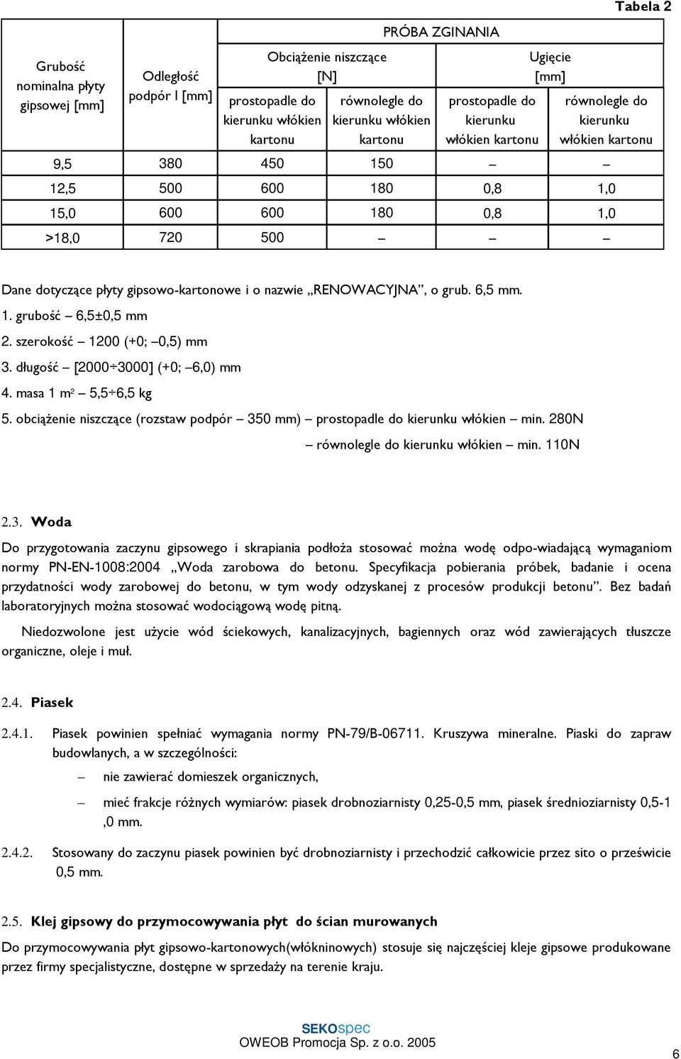 gipsowo-kartonowe i o nazwie RENOWACYJNA, o grub. 6,5 mm. 1. grubość 6,5±0,5 mm 2. szerokość 1200 (+0; 0,5) mm 3. długość [2000 3000] (+0; 6,0) mm 4. masa 1 m 2 5,5 6,5 kg 5.