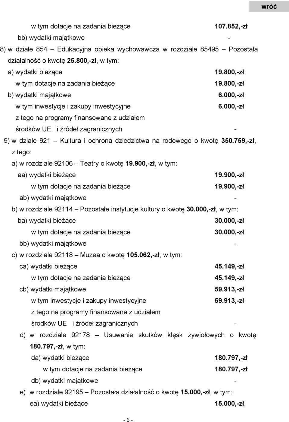 000,-zł z tego na programy finansowane z udziałem środków UE i źródeł zagranicznych - 9) w dziale 921 Kultura i ochrona dziedzictwa na rodowego o kwotę 350.