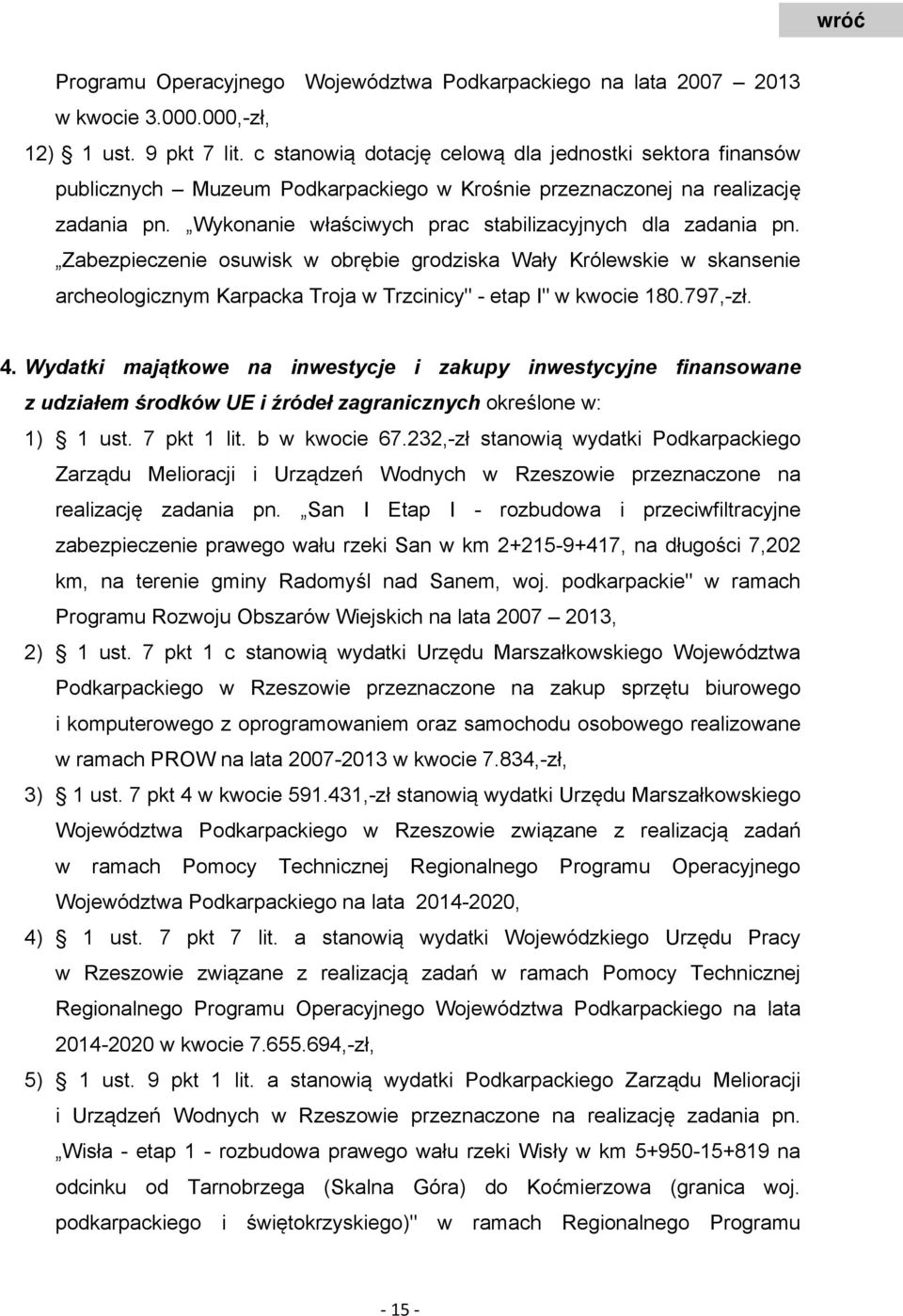 Zabezpieczenie osuwisk w obrębie grodziska Wały Królewskie w skansenie archeologicznym Karpacka Troja w Trzcinicy" - etap I" w kwocie 180.797,-zł. 4.