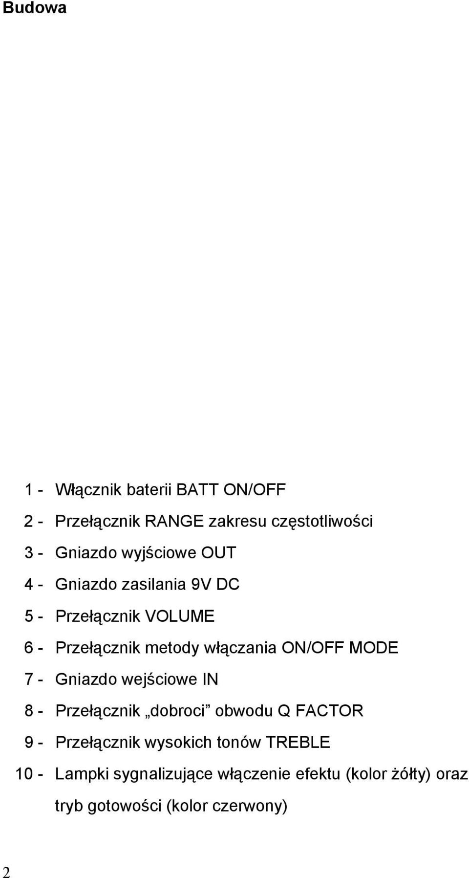 ON/OFF MODE 7 - Gniazdo wejściowe IN 8 - Przełącznik dobroci obwodu Q FACTOR 9 - Przełącznik wysokich