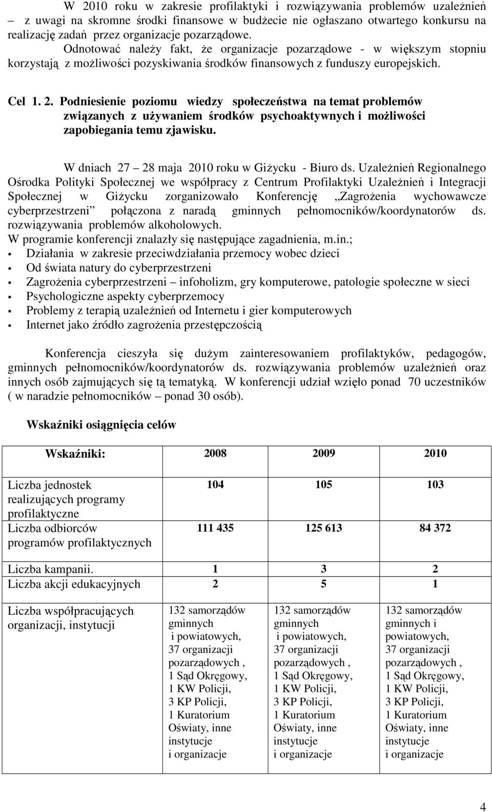 Podniesienie poziomu wiedzy społeczeństwa na temat problemów związanych z uŝywaniem środków psychoaktywnych i moŝliwości zapobiegania temu zjawisku. W dniach 27 28 maja 2010 roku w GiŜycku - Biuro ds.