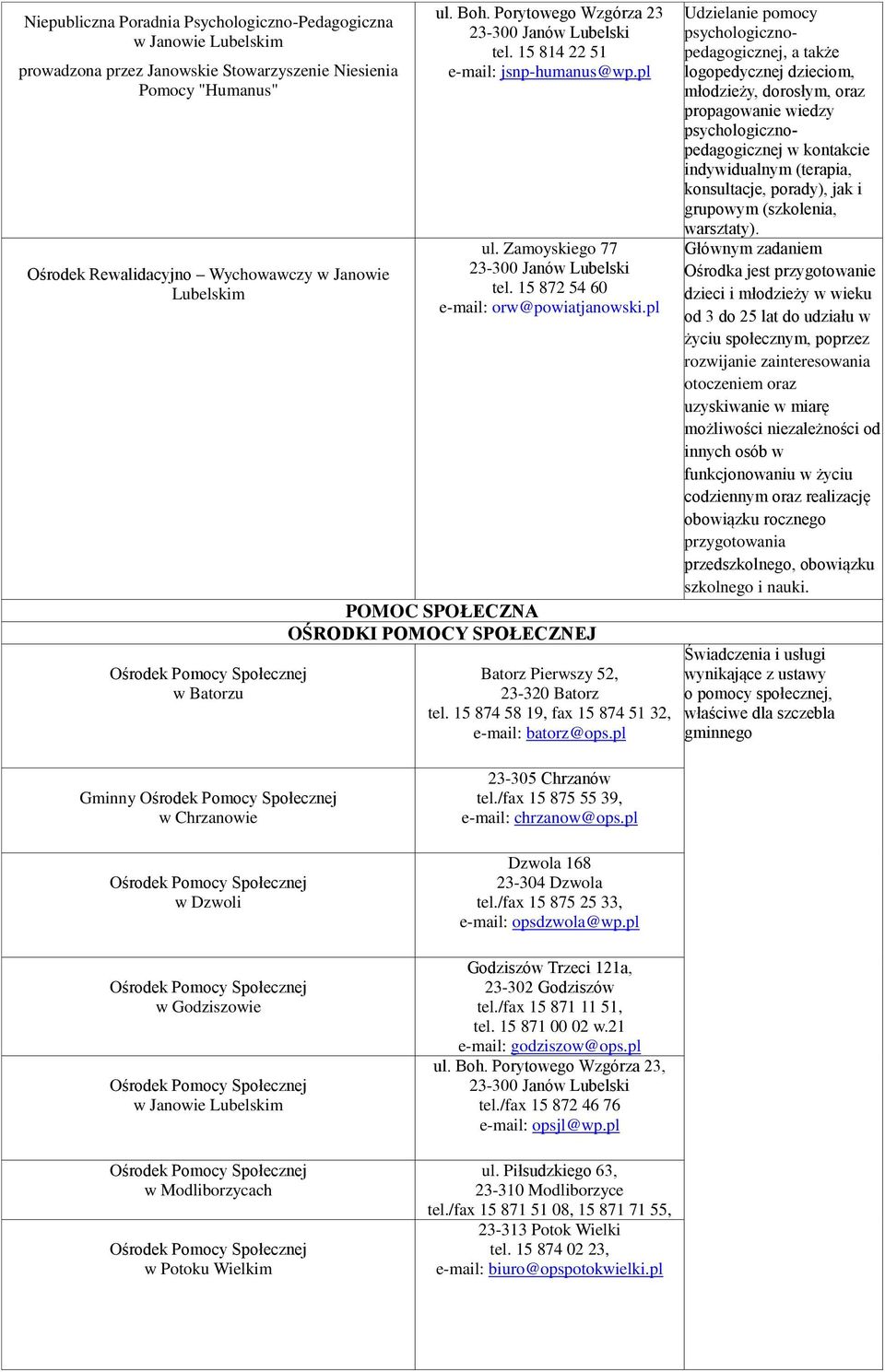 pl POMOC SPOŁECZNA OŚRODKI POMOCY SPOŁECZNEJ Batorz Pierwszy 52, 23-320 Batorz tel. 15 874 58 19, fax 15 874 51 32, e-mail: batorz@ops.