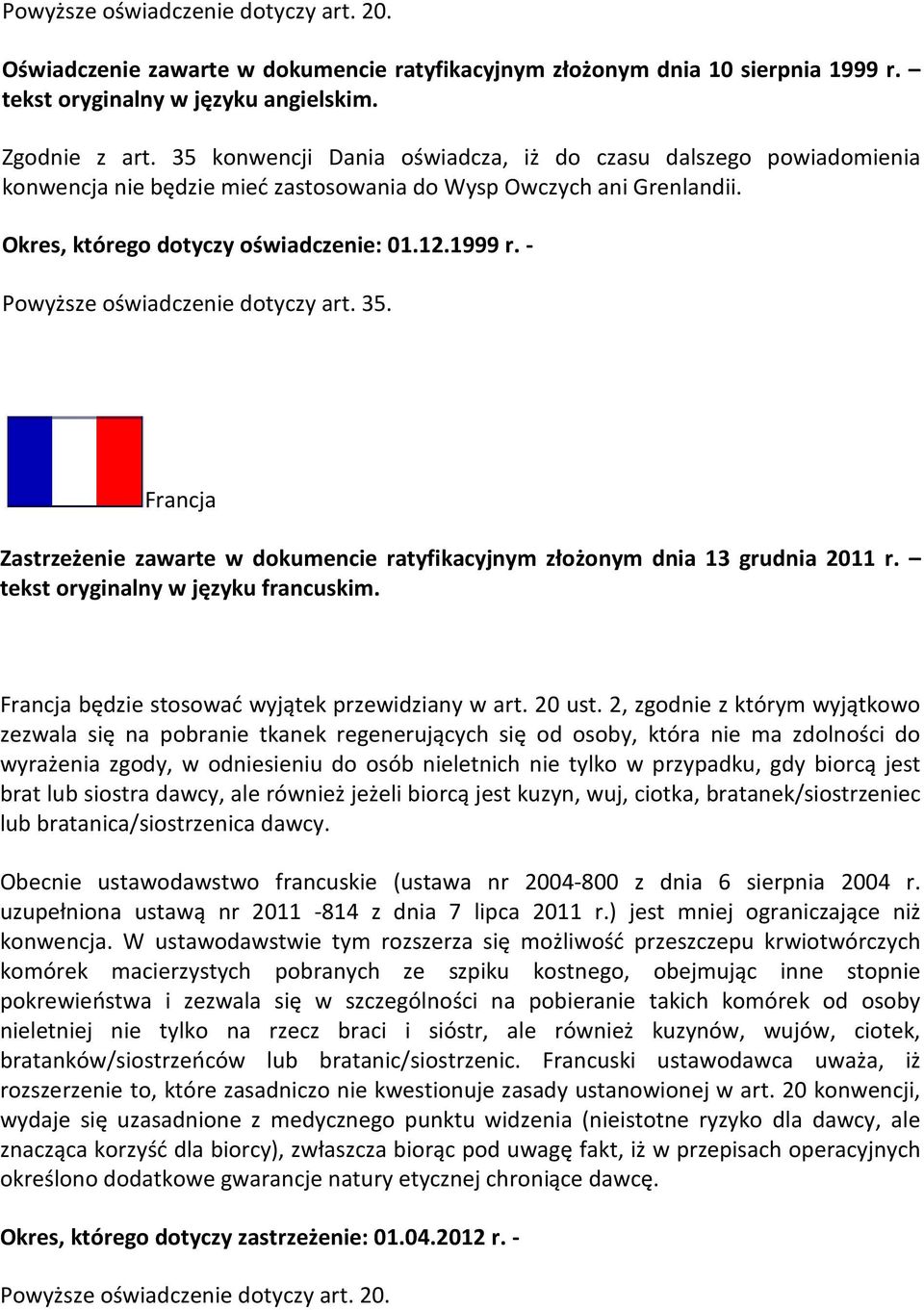 - Powyższe oświadczenie dotyczy art. 35. Francja Zastrzeżenie zawarte w dokumencie ratyfikacyjnym złożonym dnia 13 grudnia 2011 r. tekst oryginalny w języku francuskim.