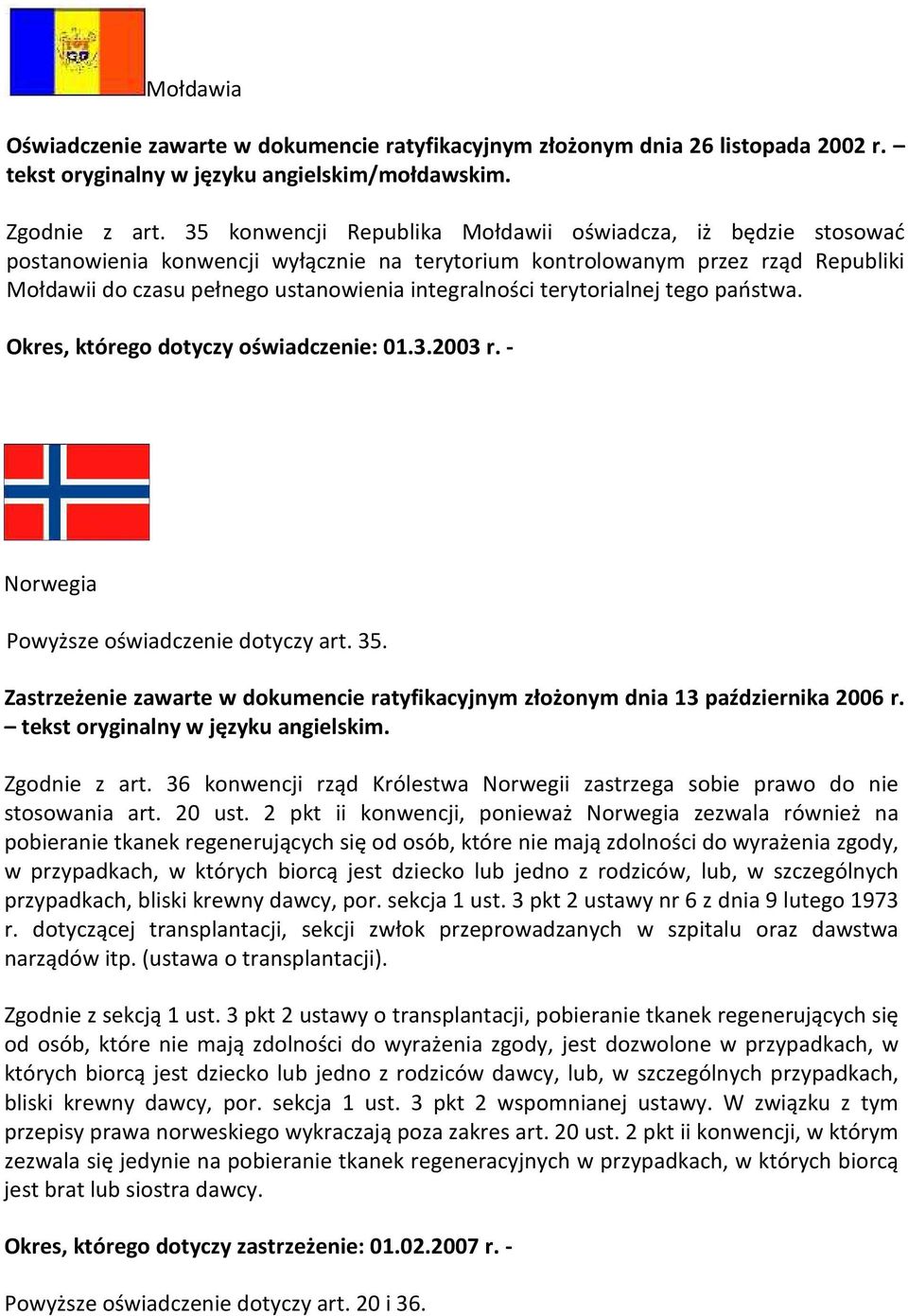 terytorialnej tego państwa. Okres, którego dotyczy oświadczenie: 01.3.2003 r. - Norwegia Powyższe oświadczenie dotyczy art. 35.