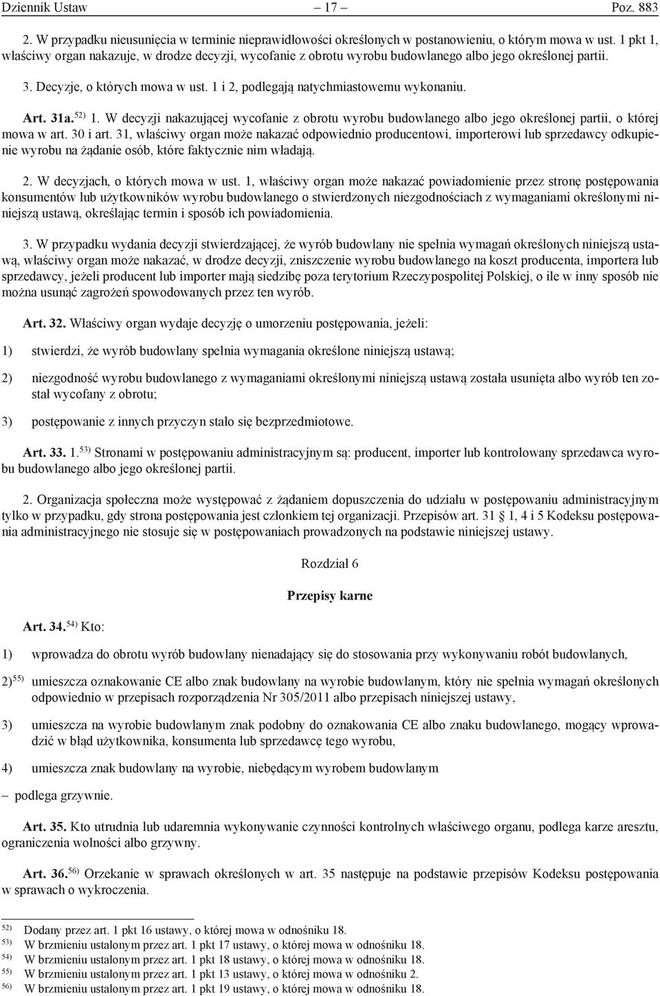 Art. 31a. 52) 1. W decyzji nakazującej wycofanie z obrotu wyrobu budowlanego albo jego określonej partii, o której mowa w art. 30 i art.