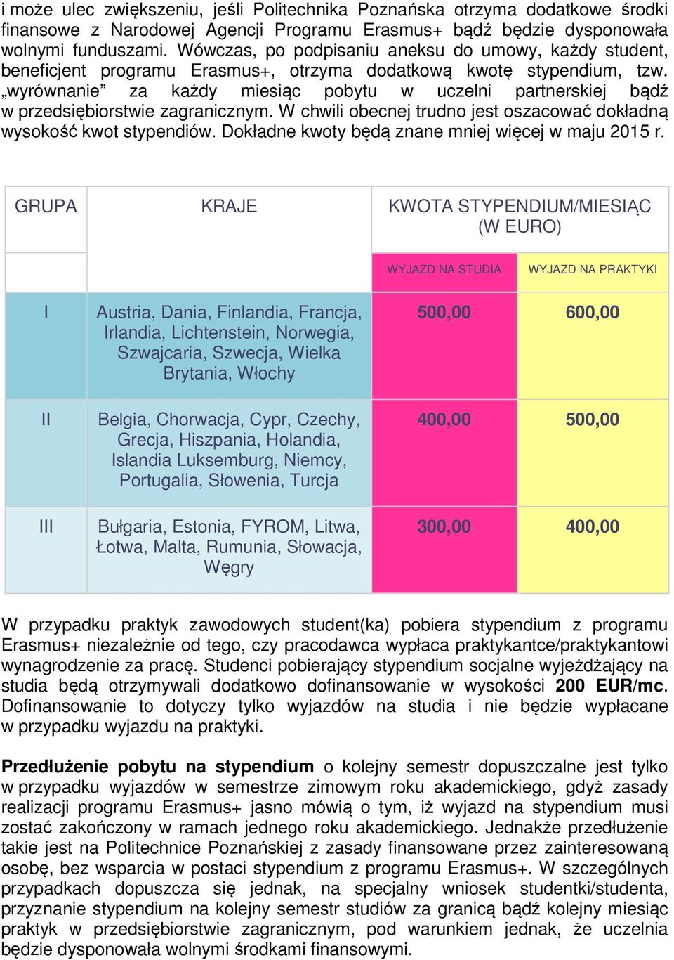 wyrównanie za każdy miesiąc pobytu w uczelni partnerskiej bądź w przedsiębiorstwie zagranicznym. W chwili obecnej trudno jest oszacować dokładną wysokość kwot stypendiów.