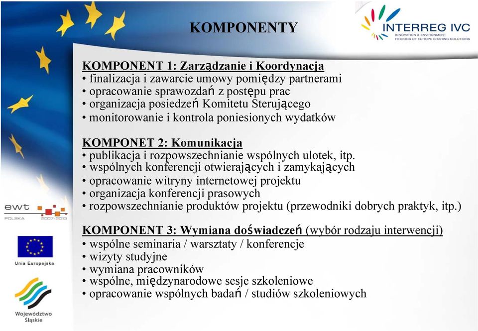 wspólnych konferencji otwierających i zamykających opracowanie witryny internetowej projektu organizacja konferencji prasowych rozpowszechnianie produktów projektu (przewodniki dobrych