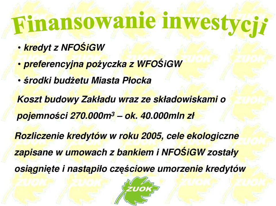 40.000mln zł Rozliczenie kredytów w roku 2005, cele ekologiczne zapisane w