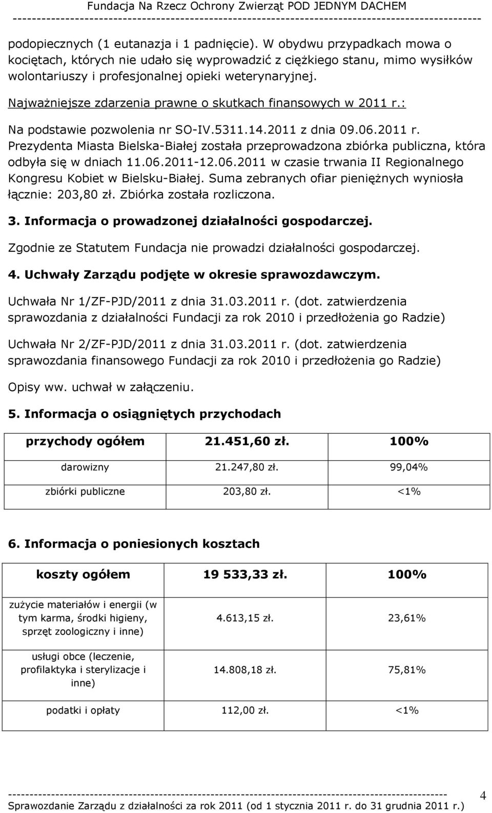 Najważniejsze zdarzenia prawne o skutkach finansowych w 2011 r.: Na podstawie pozwolenia nr SO-IV.5311.14.2011 z dnia 09.06.2011 r. Prezydenta Miasta Bielska-Białej została przeprowadzona zbiórka publiczna, która odbyła się w dniach 11.