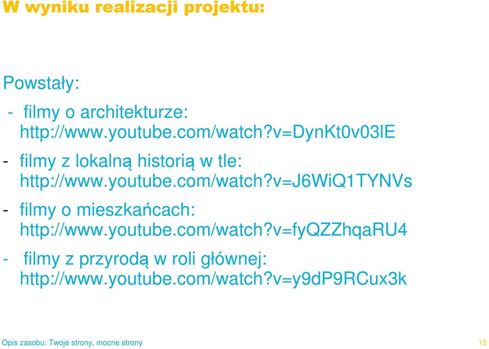 youtube.com/watch?v=j6wiq1tynvs - filmy o mieszkańcach: http://www.youtube.com/watch?v=fyqzzhqaru4 - filmy z przyrodą w roli głównej: http://www.