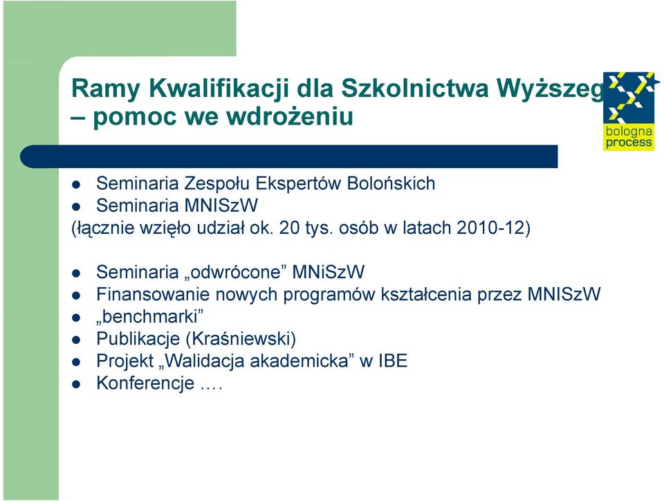 osób w latach 2010-12) Seminaria odwrócone MNiSzW Finansowanie nowych programów