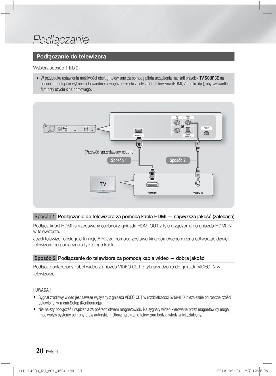 (HDMI, Video In, itp.), aby wyświetlać film przy użyciu kina domowego. AUX IN VIDEO OUT L IMPEDANCE : 3 FM ANT R OPTICAL HDMI OUT DIGITAL AUDIO IN (Przewód sprzedawany osobno.