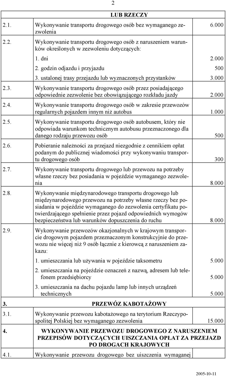 000 2.4. Wykonywanie transportu drogowego osób w zakresie przewozów regularnych pojazdem innym niż autobus 1.000 2.5.