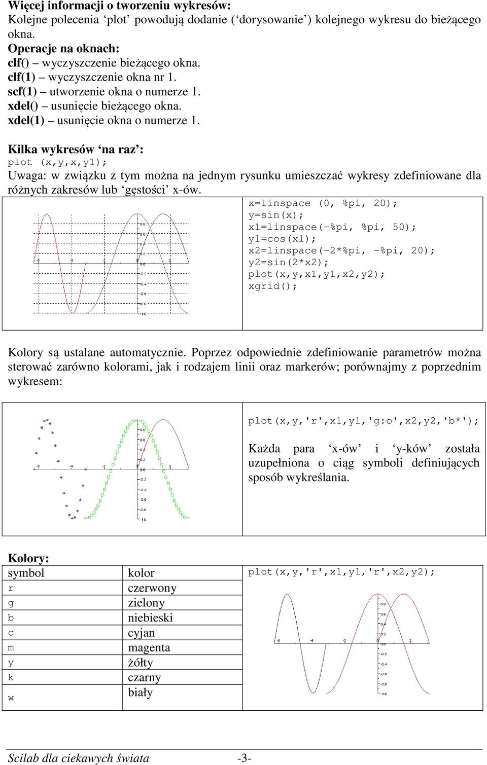 Kilka wykresów na raz : plot (x,y,x,y1); Uwaga: w związku z tym można na jednym rysunku umieszczać wykresy zdefiniowane dla różnych zakresów lub gęstości x-ów.