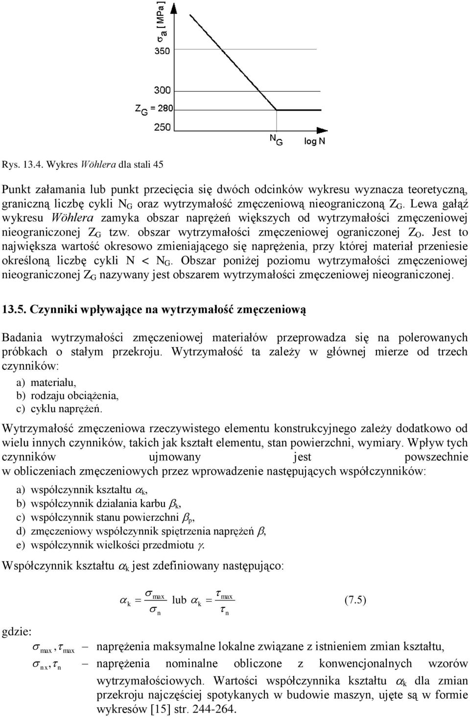 Lewa gałąź wykresu Wöhlera zamyka obszar naprężeń większych od wytrzymałości zmęczeniowej nieograniczonej Z G tzw. obszar wytrzymałości zmęczeniowej ograniczonej Z O.