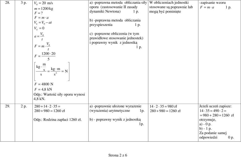 poprawny wynik z jednostk W obliczeniach jednostki stosowane s poprawnie lub mog by pominite -zapisanie wzoru F = m a 29. 2 p. 280 + 14 2 35 = 280 + 980 = 1260 zł Odp.: Rodzina zapłaci 1260 zł.