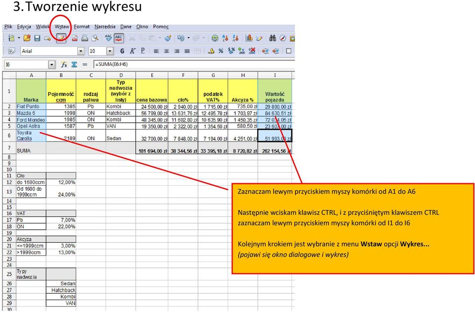 zaznaczam lewym przyciskiem myszy komórki od I1 do I6 Kolejnym krokiem