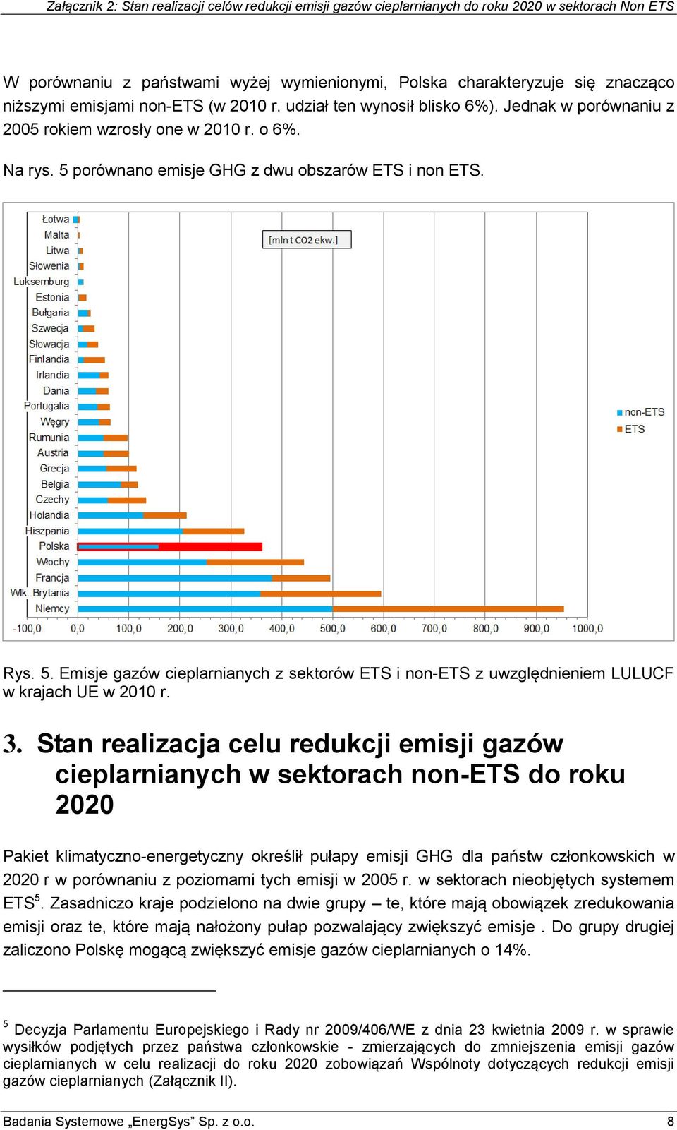 3. Stan realizacja celu redukcji emisji gazów cieplarnianych w sektorach non-ets do roku 2020 Pakiet klimatyczno-energetyczny określił pułapy emisji GHG dla państw członkowskich w 2020 r w porównaniu