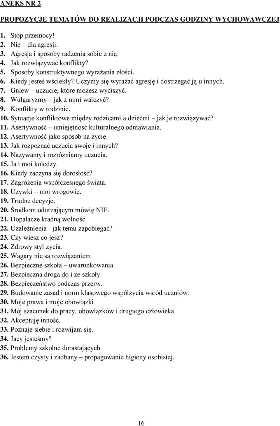 Konflikty w rodzinie. 10. Sytuacje konfliktowe między rodzicami a dziećmi jak je rozwiązywać? 11. Asertywność umiejętność kulturalnego odmawiania. 12. Asertywność jako sposób na życie. 13.