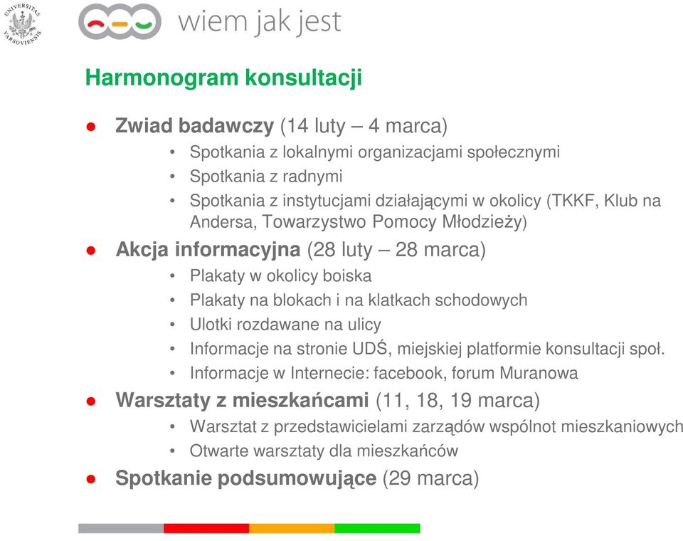 schodowych Ulotki rozdawane na ulicy Informacje na stronie UDŚ, miejskiej platformie konsultacji społ.