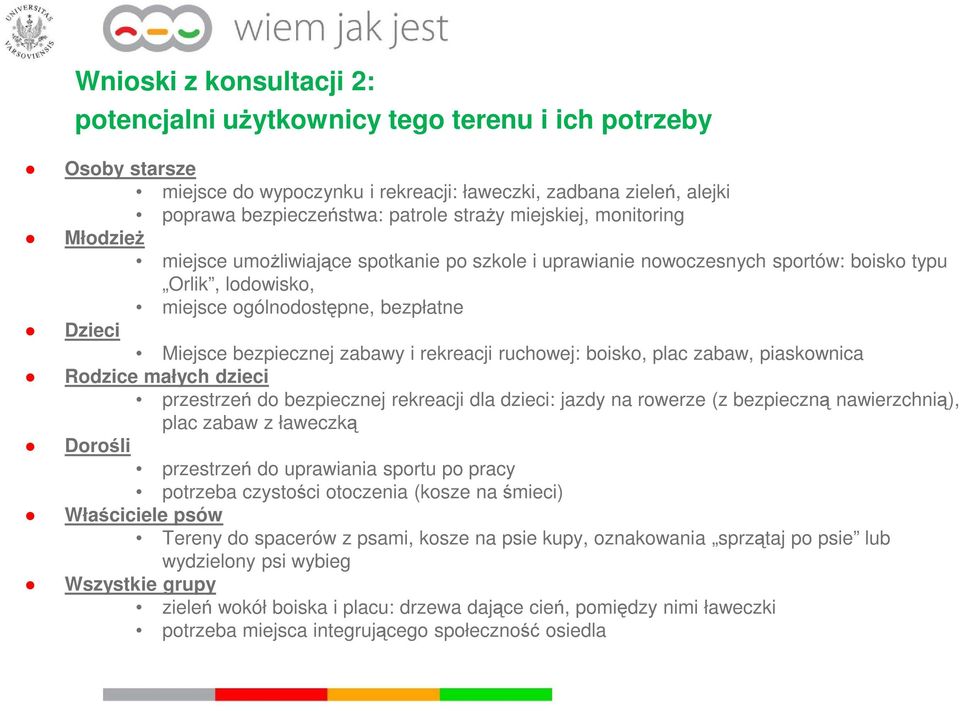 zabawy i rekreacji ruchowej: boisko, plac zabaw, piaskownica Rodzice małych dzieci przestrzeń do bezpiecznej rekreacji dla dzieci: jazdy na rowerze (z bezpieczną nawierzchnią), plac zabaw z ławeczką