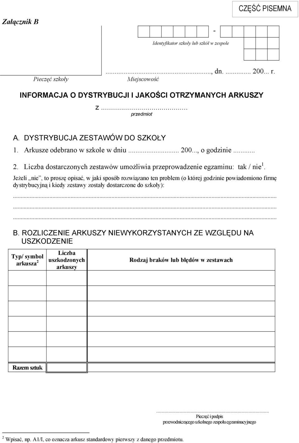 Jeżeli nie, to proszę opisać, w jaki sposób rozwiązano ten problem (o której godzinie powiadomiono firmę dystrybucyjną i kiedy zestawy zostały dostarczone do szkoły):......... B.
