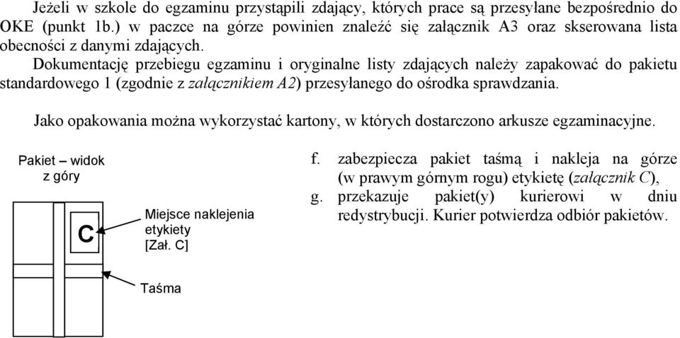 Dokumentację przebiegu egzaminu i oryginalne listy zdających należy zapakować do pakietu standardowego 1 (zgodnie z załącznikiem A2) przesyłanego do ośrodka sprawdzania.