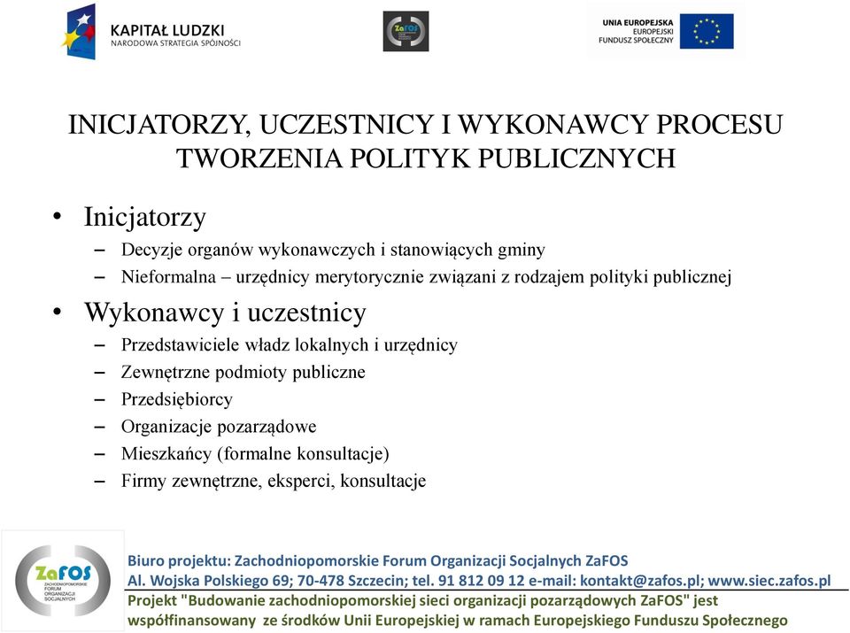 Firmy zewnętrzne, eksperci, konsultacje Biuro projektu: Zachodniopomorskie Forum Organizacji Socjalnych ZaFOS Al. Wojska Polskiego 69; 70-478 Szczecin; tel. 91 812 09 12 e-mail: kontakt@zafos.