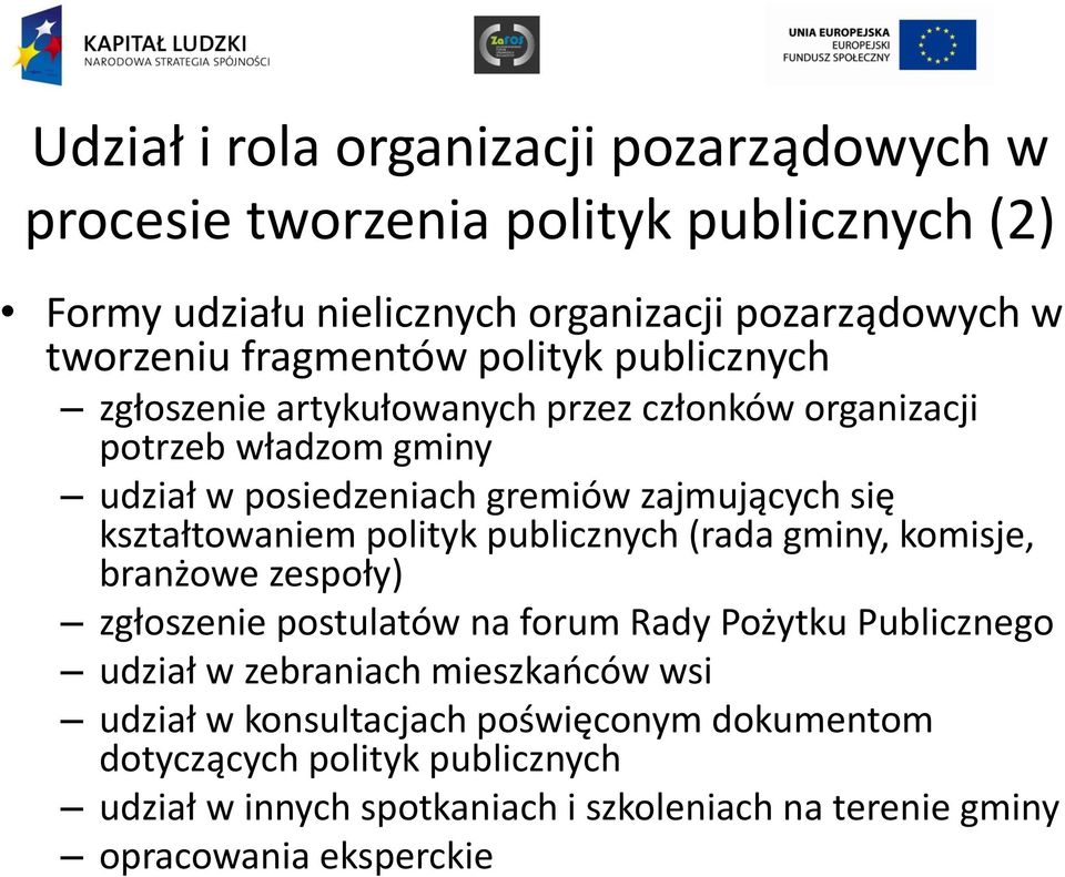 kształtowaniem polityk publicznych (rada gminy, komisje, branżowe zespoły) zgłoszenie postulatów na forum Rady Pożytku Publicznego udział w zebraniach