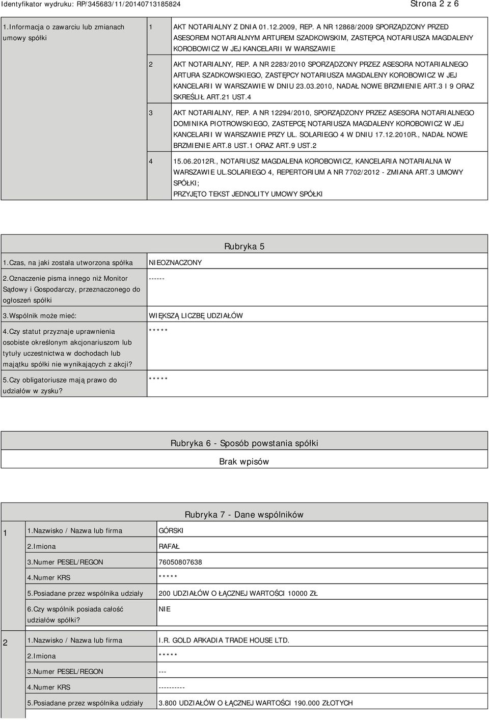 A NR 2283/2010 SPORZĄDZONY PRZEZ ASESORA NOTARIALNEGO ARTURA SZADKOWSKIEGO, ZASTĘPCY NOTARIUSZA MAGDALENY KOROBOWICZ W JEJ KANCELARII W WARSZAWIE W DNIU 23.03.2010, NADAŁ NOWE BRZMIE ART.