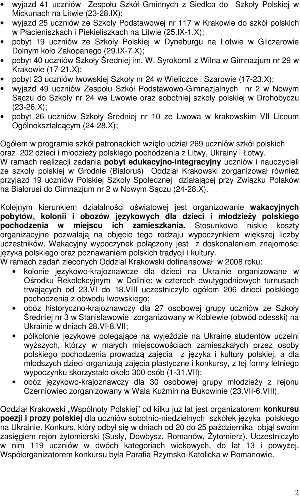 X); pobyt 19 uczniów ze Szkoły Polskiej w Dyneburgu na Łotwie w Gliczarowie Dolnym koło Zakopanego (29.IX-7.X); pobyt 40 uczniów Szkoły Średniej im. W.