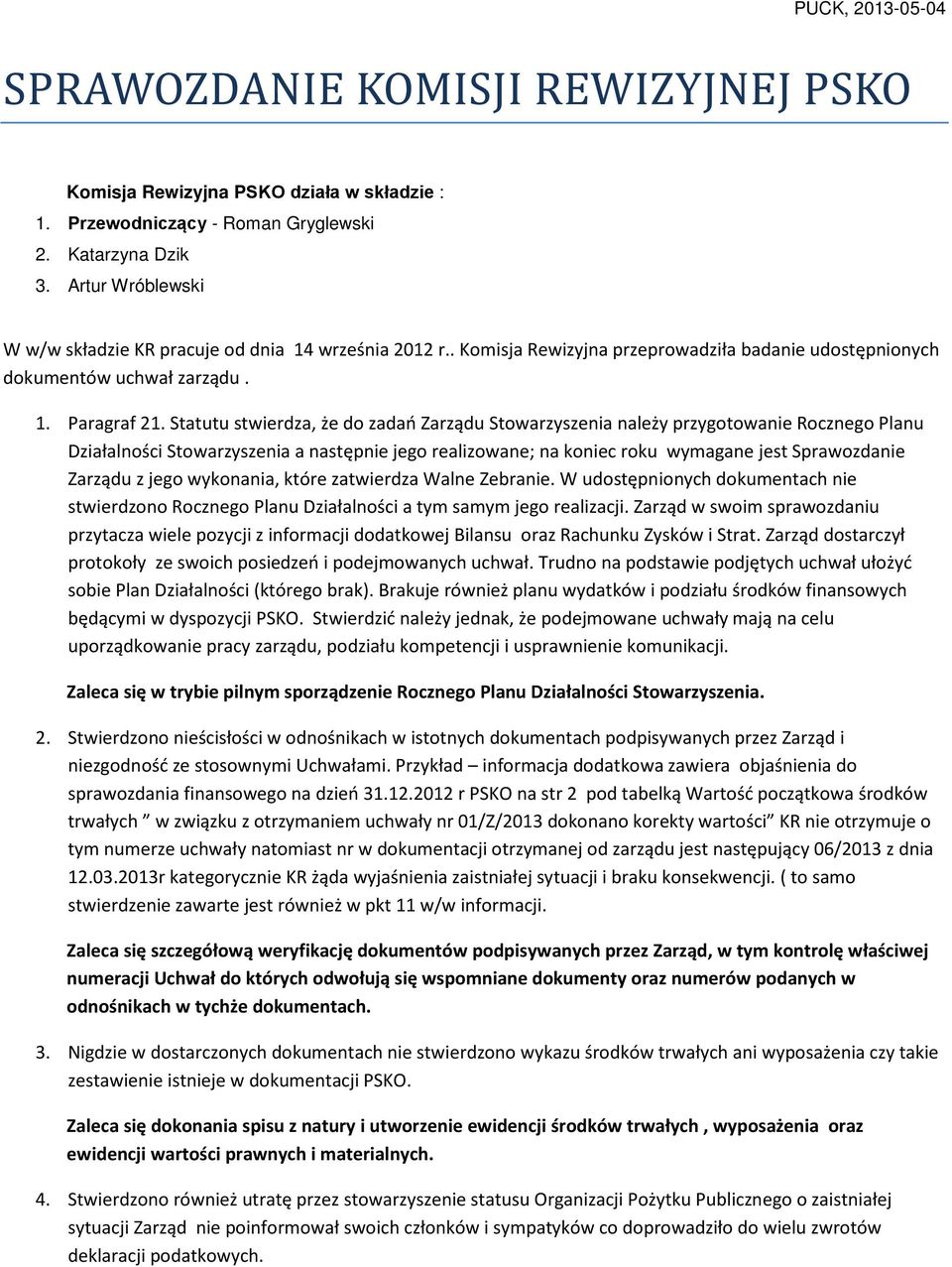 Statutu stwierdza, że do zadań Zarządu Stowarzyszenia należy przygotowanie Rocznego Planu Działalności Stowarzyszenia a następnie jego realizowane; na koniec roku wymagane jest Sprawozdanie Zarządu z