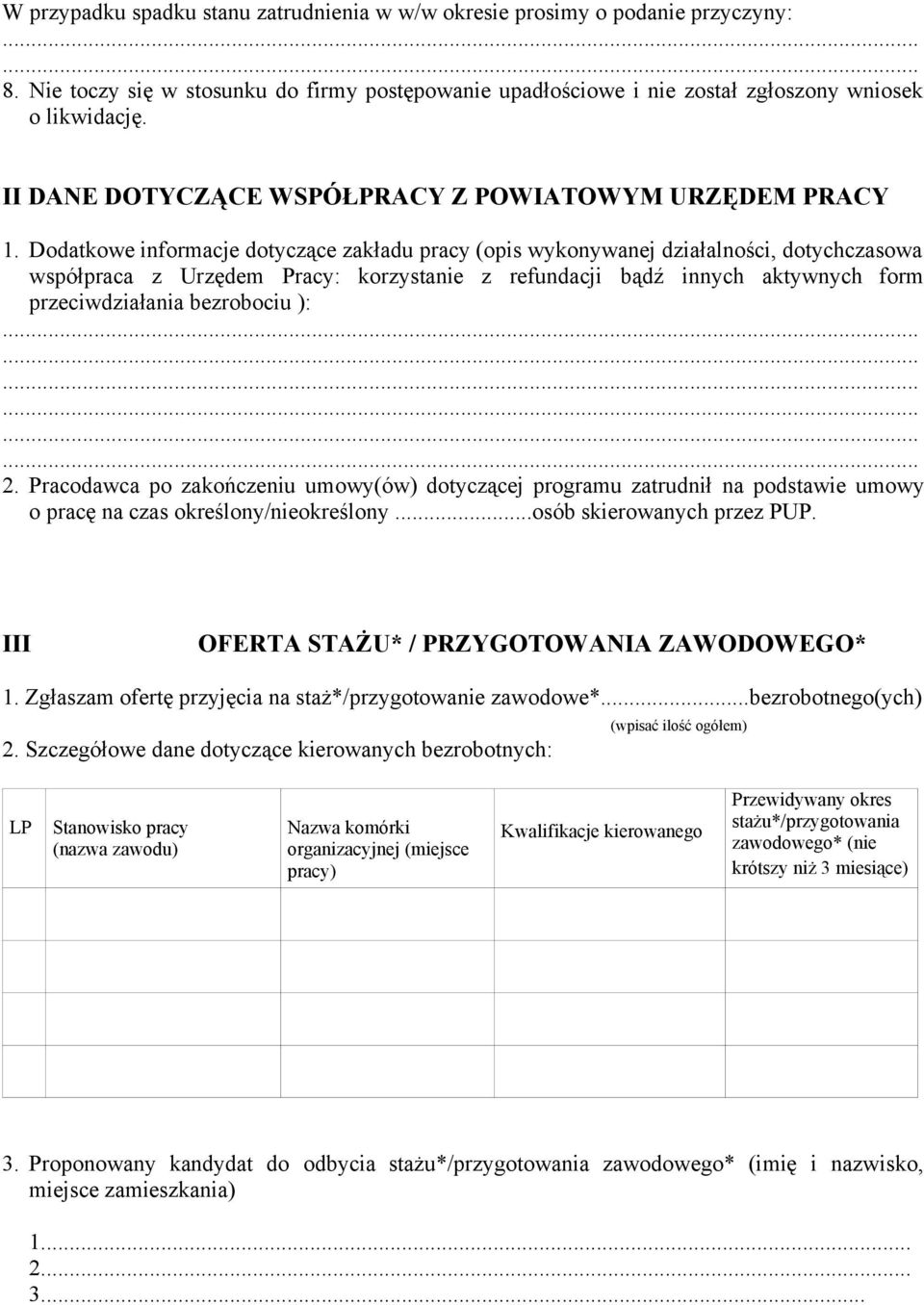 Dodatkowe informacje dotyczące zakładu pracy (opis wykonywanej działalności, dotychczasowa współpraca z Urzędem Pracy: korzystanie z refundacji bądź innych aktywnych form przeciwdziałania bezrobociu