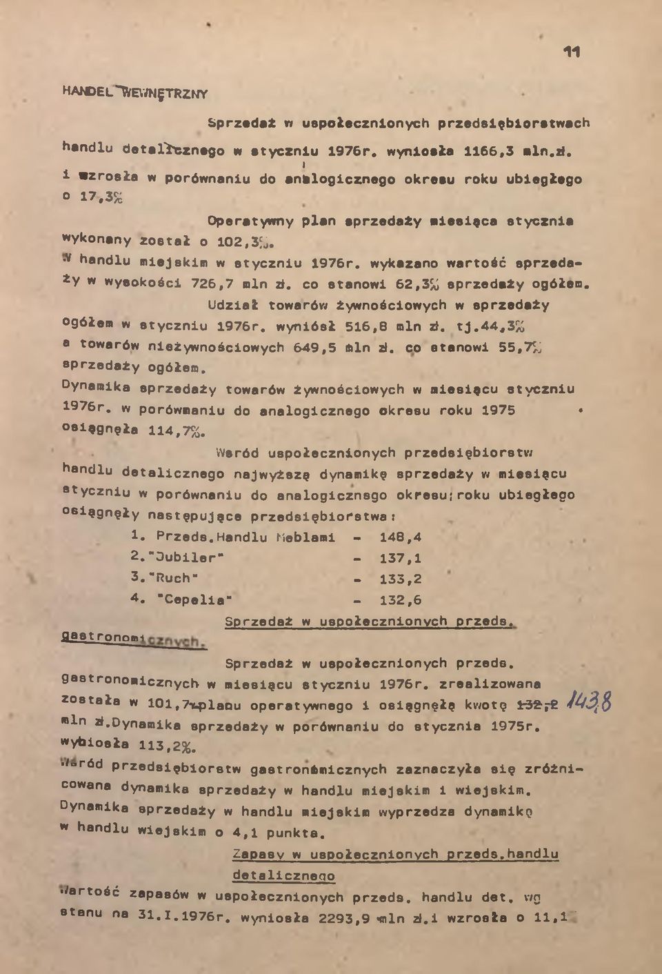 Udził towrów żywnościowych w sprzedły ogółem w styczniu 1976r. wyniósł 516,8 min zł. tj.44,3% towrów nieżywnościowych 649,5 min zł. co stnowi 55,7% sprzedży ogółem.